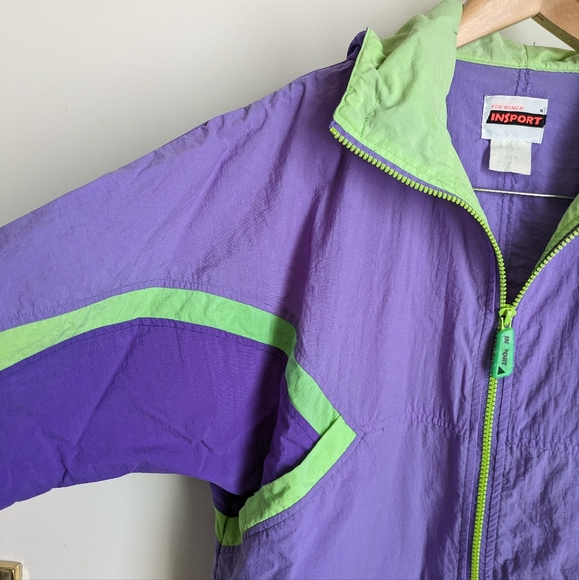 Vintage 90s InSport for Women Purple Neon Green Windbreaker Jacket Medium Hood - Picture 3 of 16